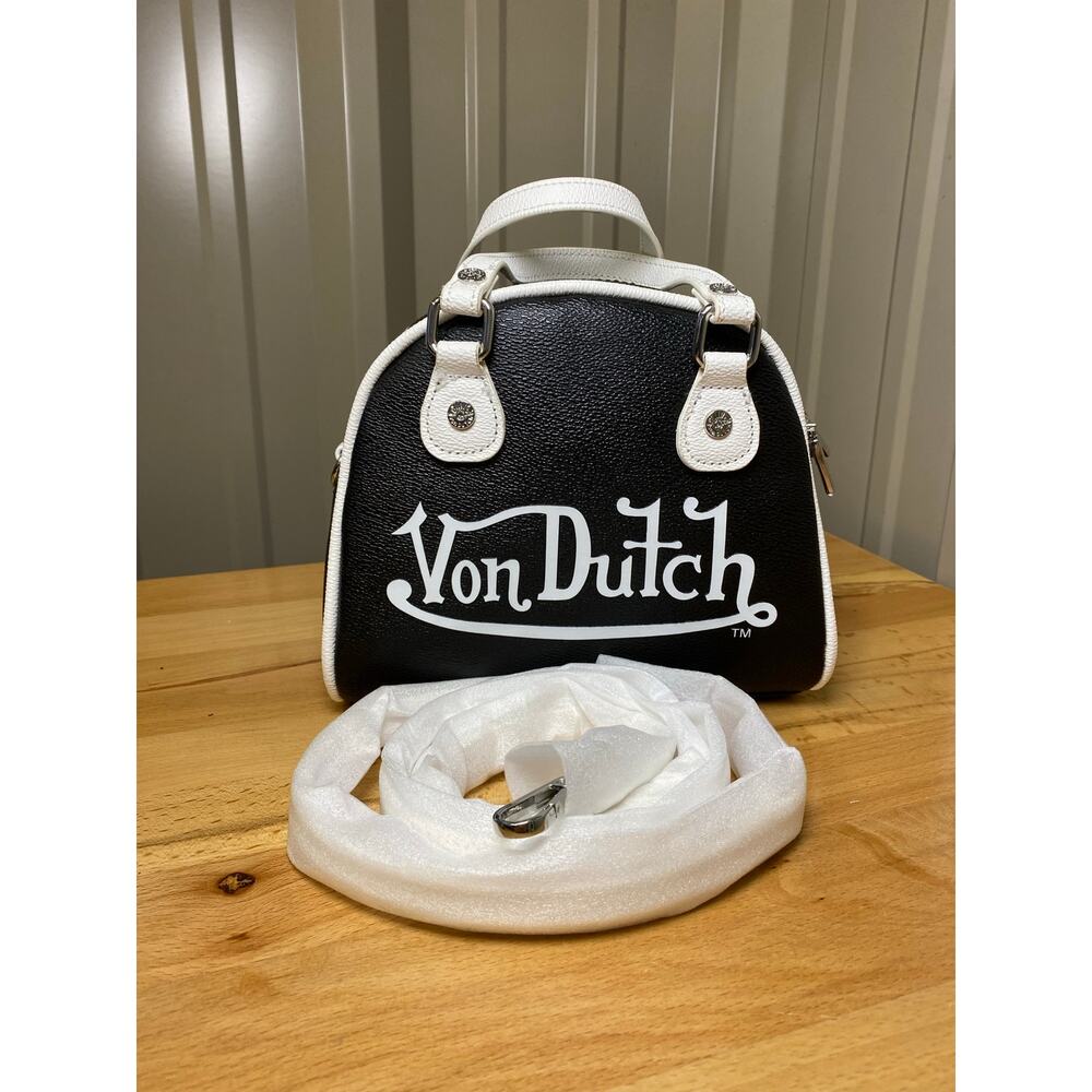 Von Dutch Mini Black/White Faux Leather Bowling Bag With Shoulder Straps
